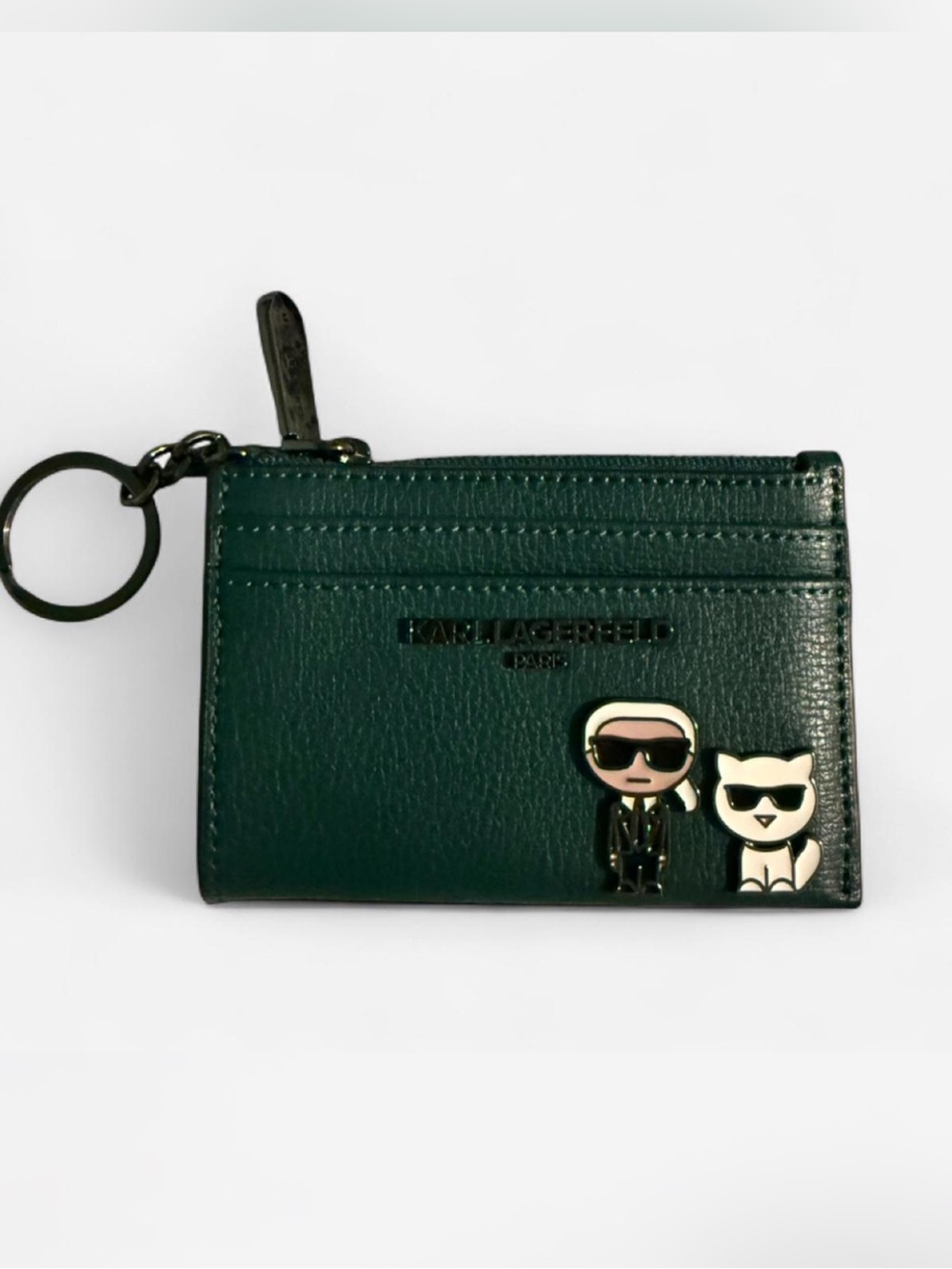 Karl Lagerfeld Dark Green Leather Card Holder with Keyring